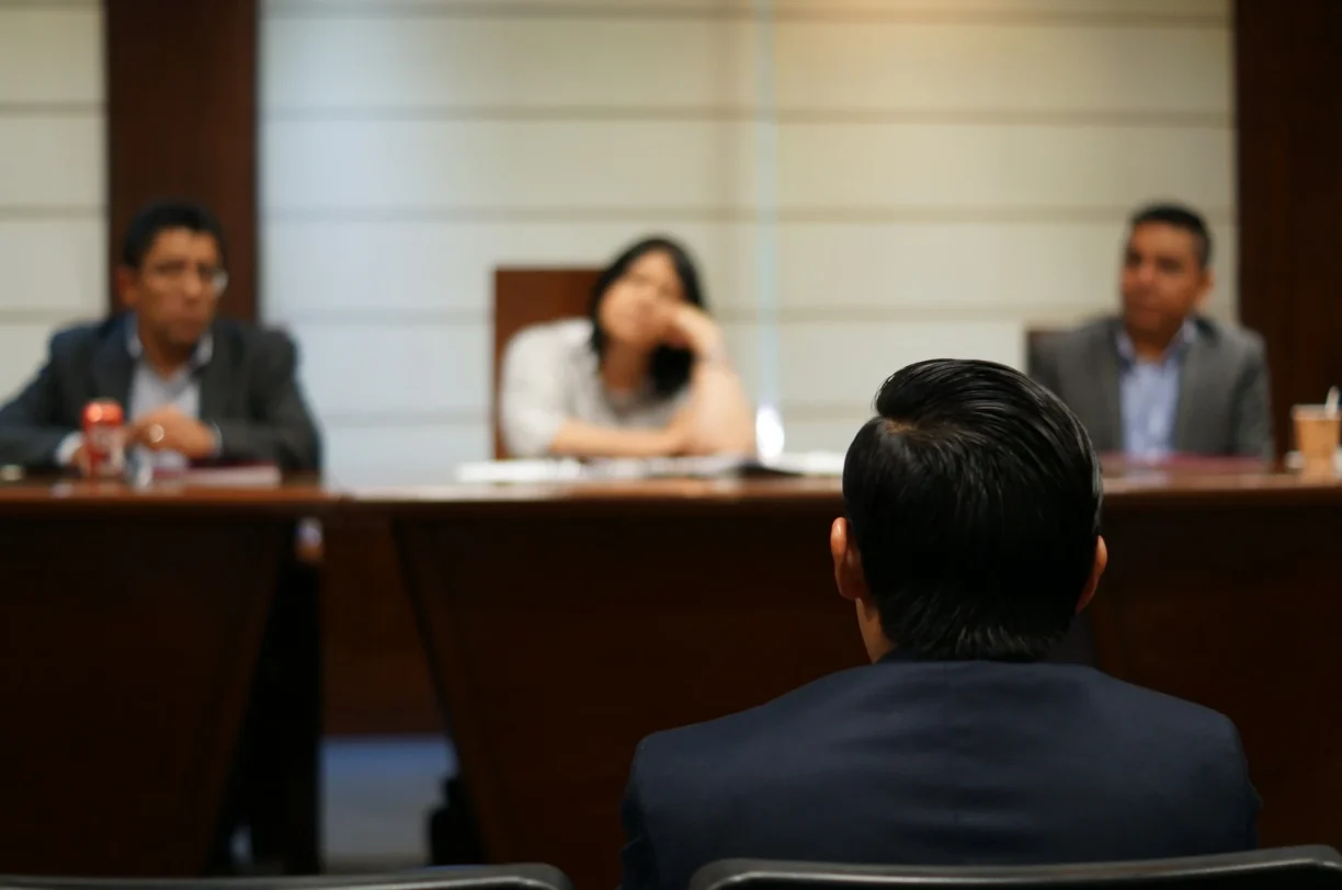 Man facing interview panel in a formal boardroom setting, 247lemonlaw