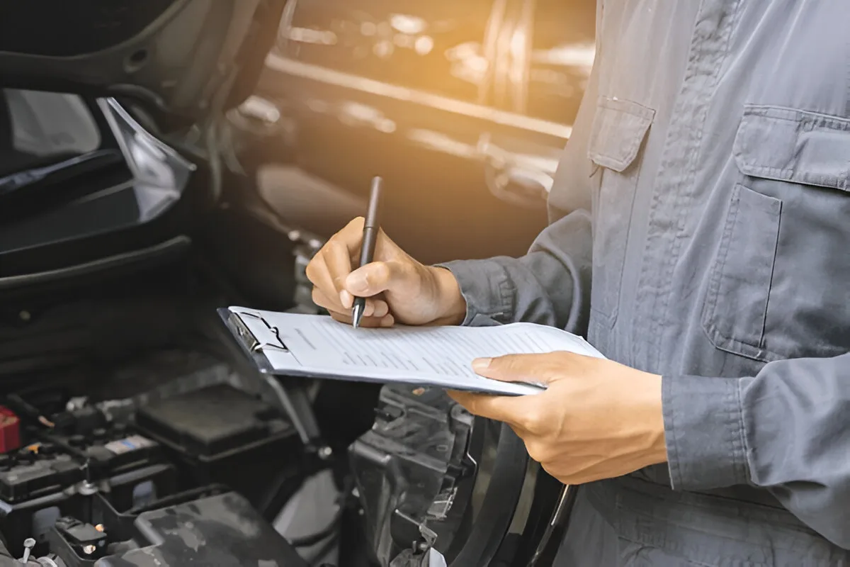Mechanic documenting repair issues on clipboard for a vehicle linked to Jeep Renegade years to avoid with recurring defects