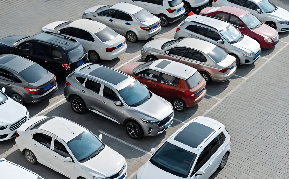 Overhead view of various vehicles in a parking lot that may qualify under the 30 day lemon law Massachusetts if found defective
