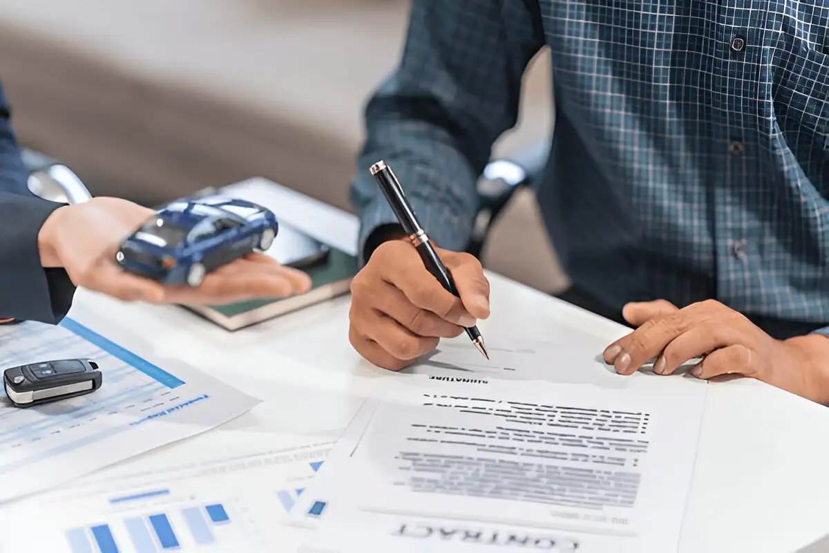Buyer signing purchase contract for a 2020 Jeep Grand Cherokee Limited X with car keys and paperwork on desk