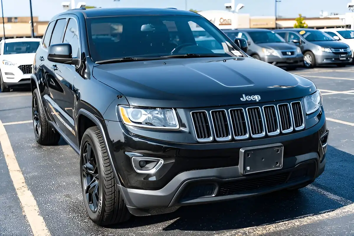 Black 2020 Jeep Grand Cherokee Limited X parked in a dealership lot showing front grille and blacked-out wheels