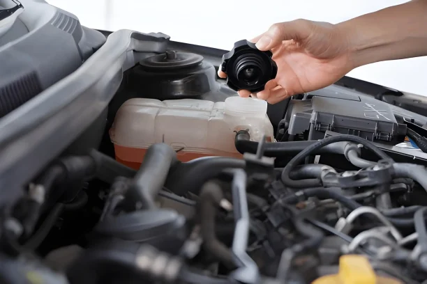 Hand opening coolant reservoir cap in car engine bay