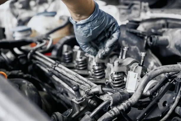 A mechanic inspecting worn engine components during a vehicle diagnostic check.