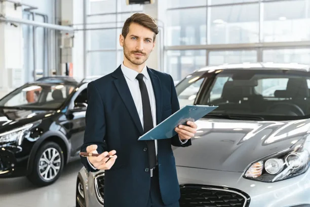 Car inspector reviewing a vehicle report inside a dealership showroom.