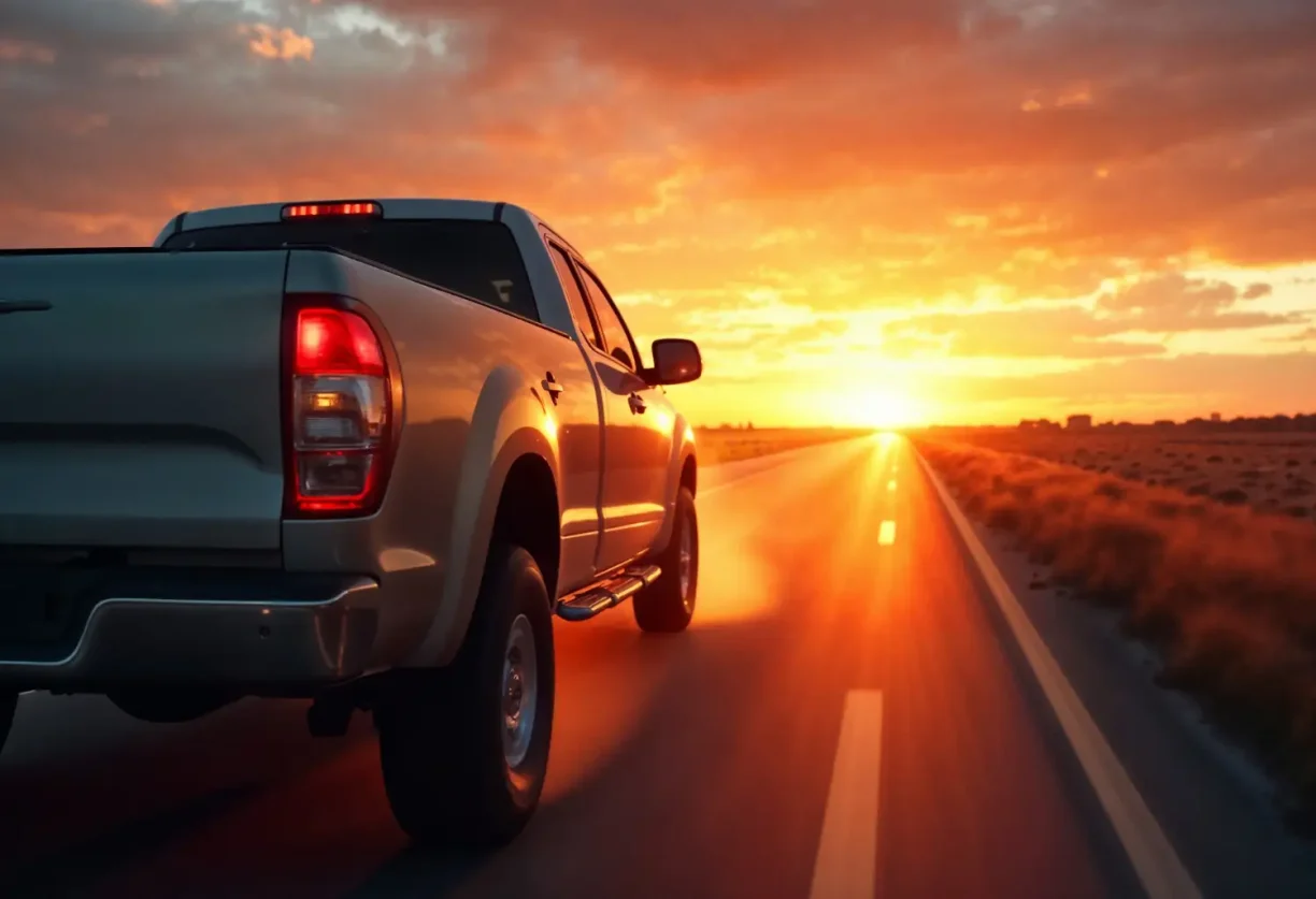 Pickup truck driving on an open road representing vehicle reliability and ownership rights
