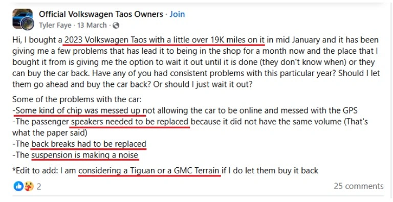 Drivers discussing repeated 2023 VW Taos problems including suspension noise and brake failures