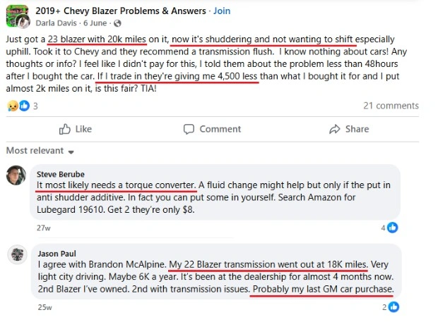 Drivers reporting 2022 Chevy Blazer transmission problems including shuddering and early transmission failure