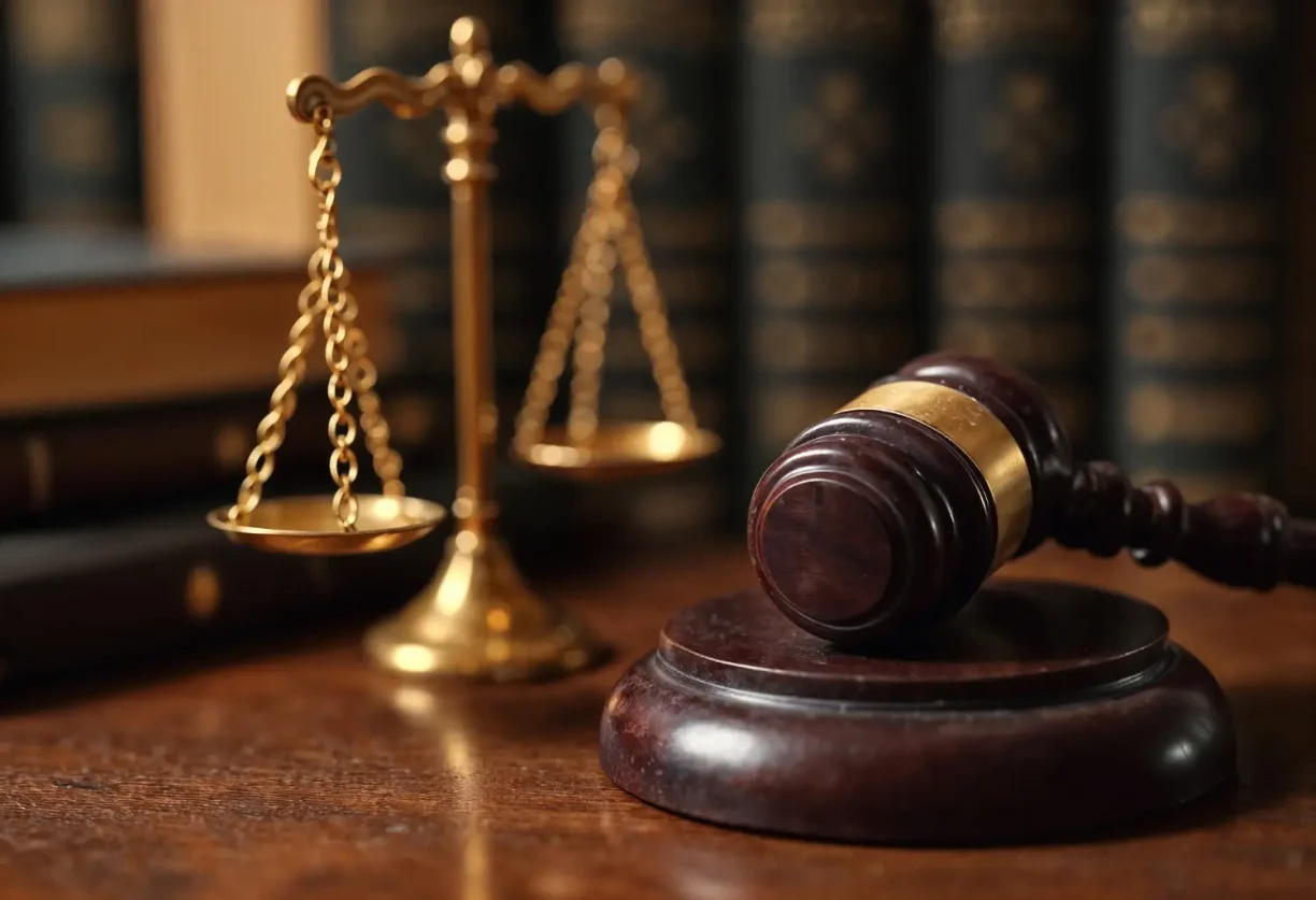 Judge’s gavel and balance scales on a wooden desk, symbolizing legal action, justice, and consumer rights protection.