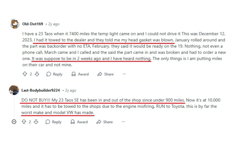 Owner complaint describing severe engine failures linked to ongoing 2023 VW Taos problems