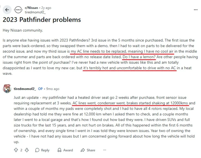 Owner complaints discussing repeated 2023 Nissan Pathfinder issues including AC failure and dealership delays