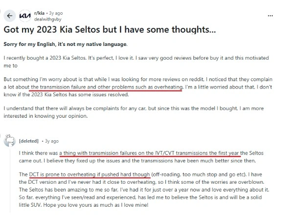 Reddit discussion highlighting common 2023 Kia Seltos problems reported by owners concerned about reliability