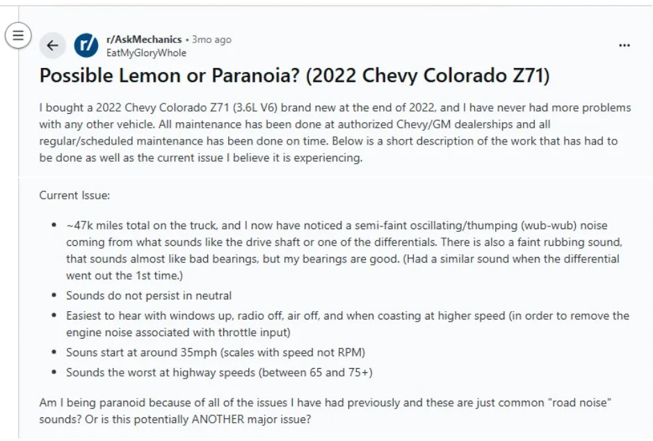 Reddit post discussing possible lemon law concerns and recurring mechanical issues with a 2022 Chevy Colorado Z71