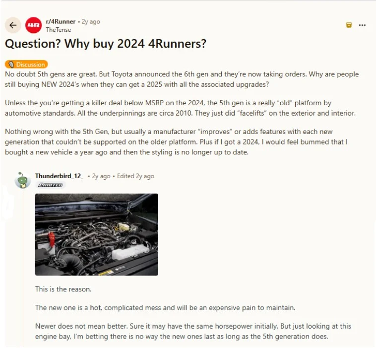 Reddit discussion comparing generations and key 2024 Toyota 4Runner specs before purchasing