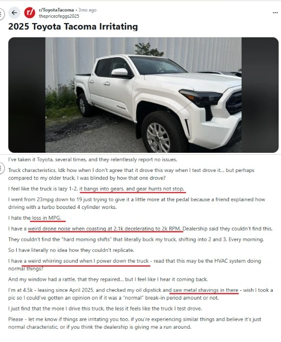 Reddit owner complaint detailing 2025 Tacoma problems such as gear hunting, rough shifts, and metal shavings in oil